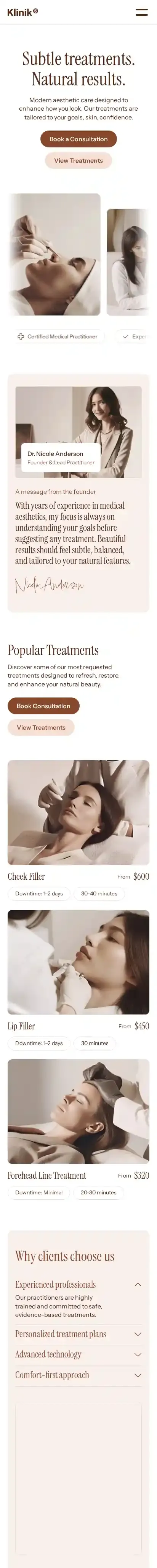 Klinik home page on mobile