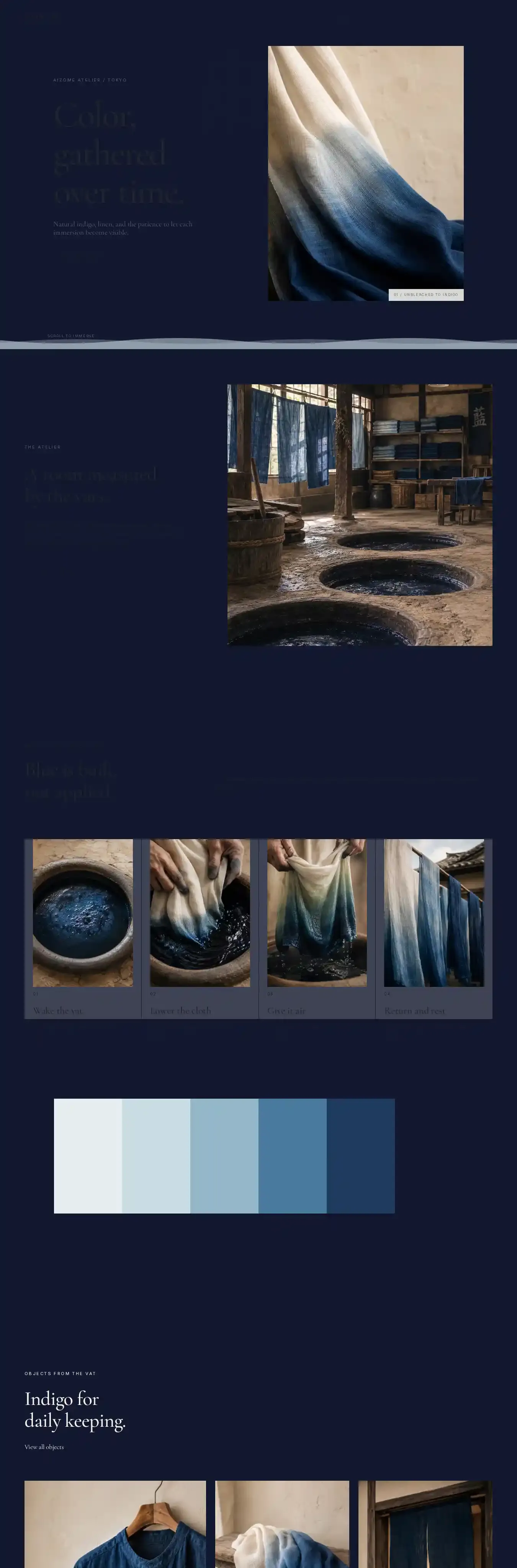 KON Indigo Atelier home page on desktop