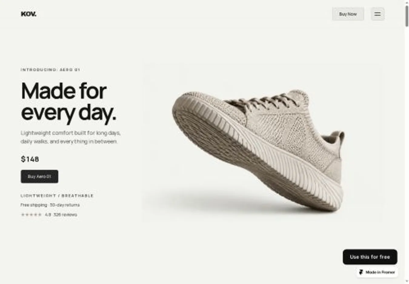 Kov home page on desktop