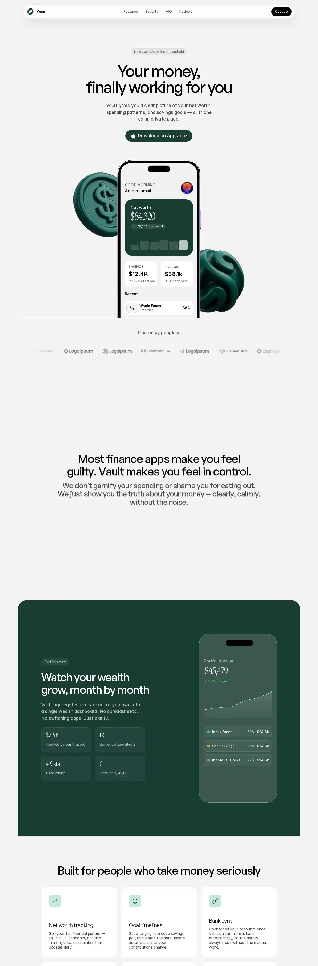 Kova app home page on desktop