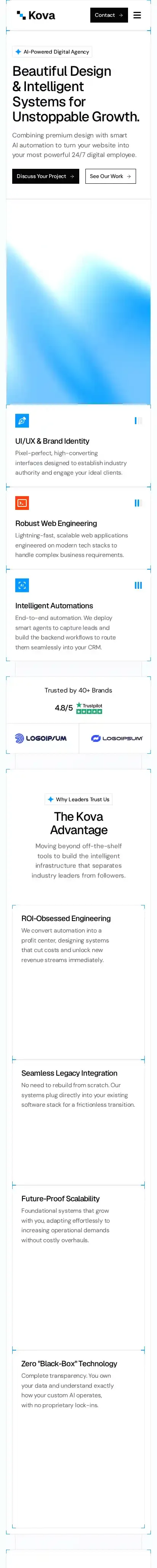 Kova Studio home page on mobile
