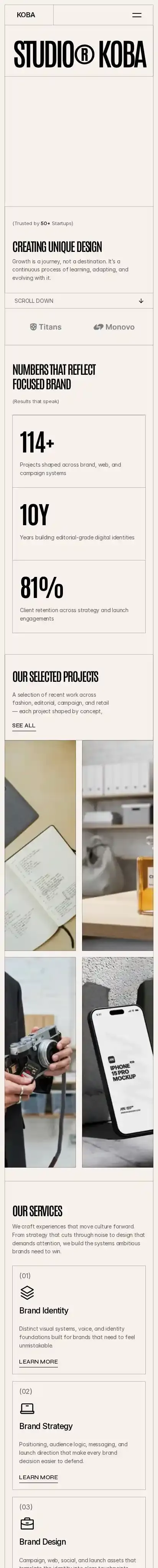 Kovaa home page on mobile
