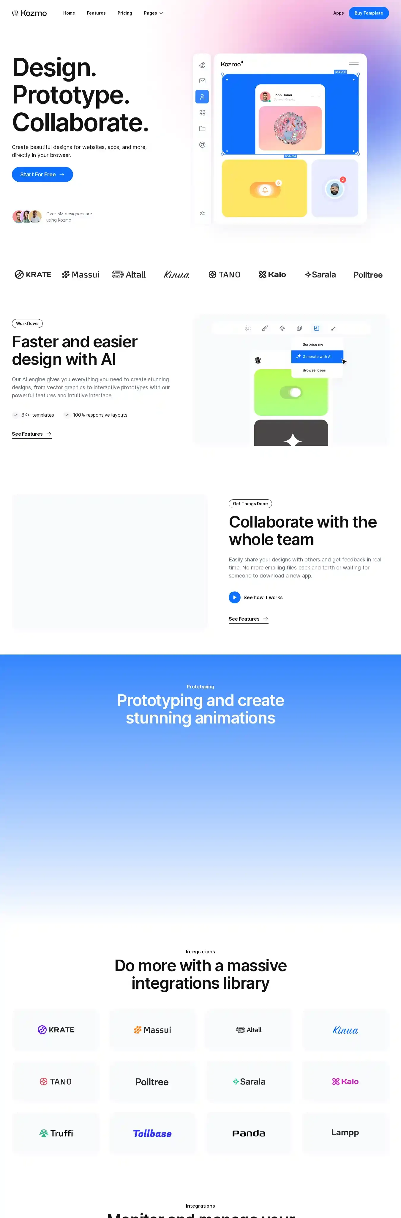 Kozmo home page on desktop