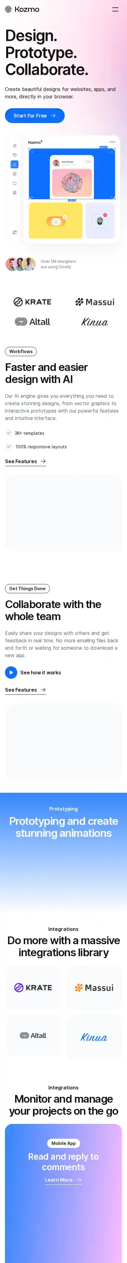 Kozmo home page on mobile