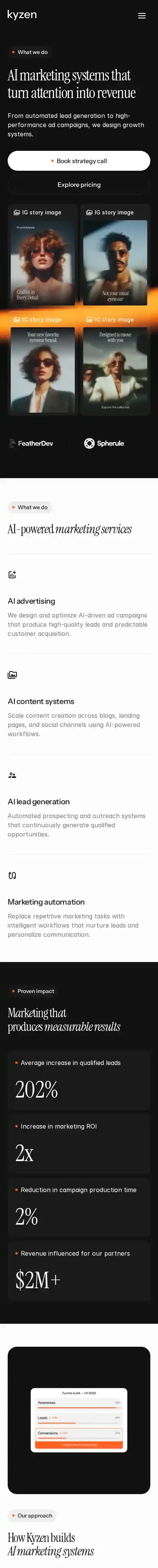 Kyzen home page on mobile