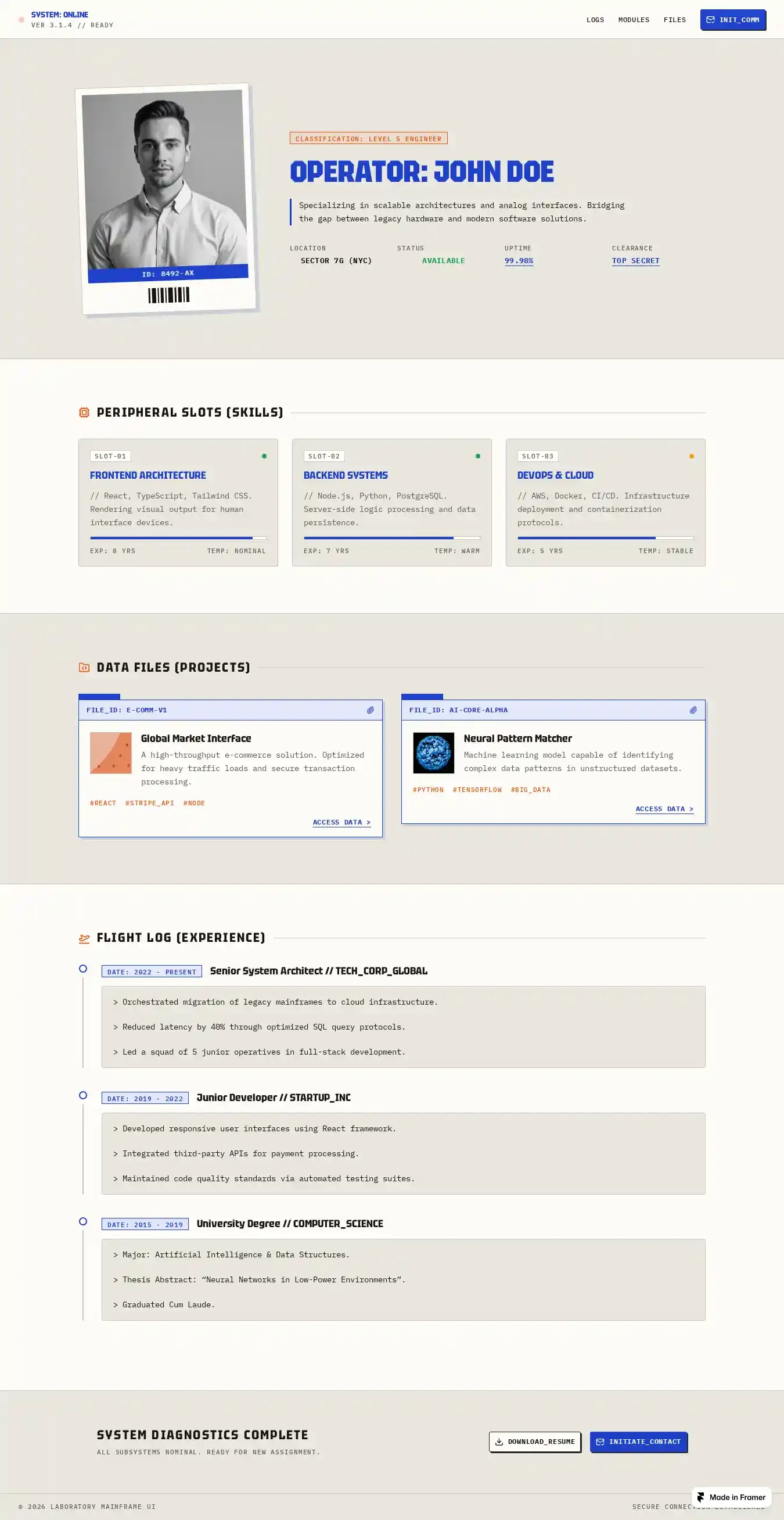 Laboratory Mainframe home page on desktop