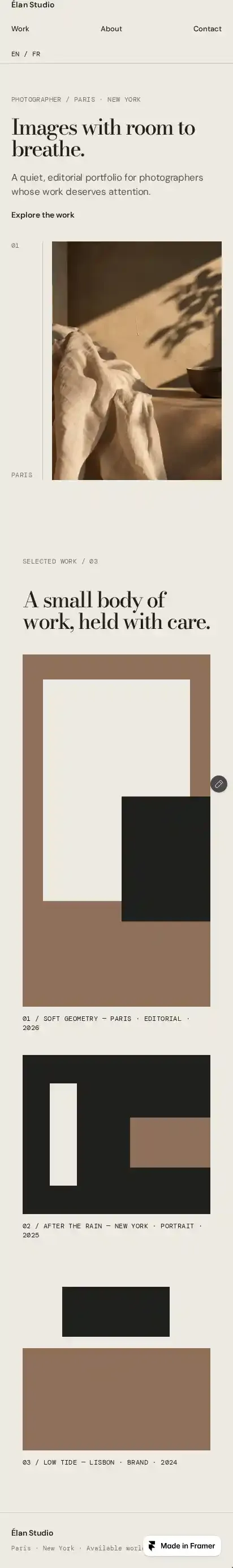 Élan Studio home page on mobile