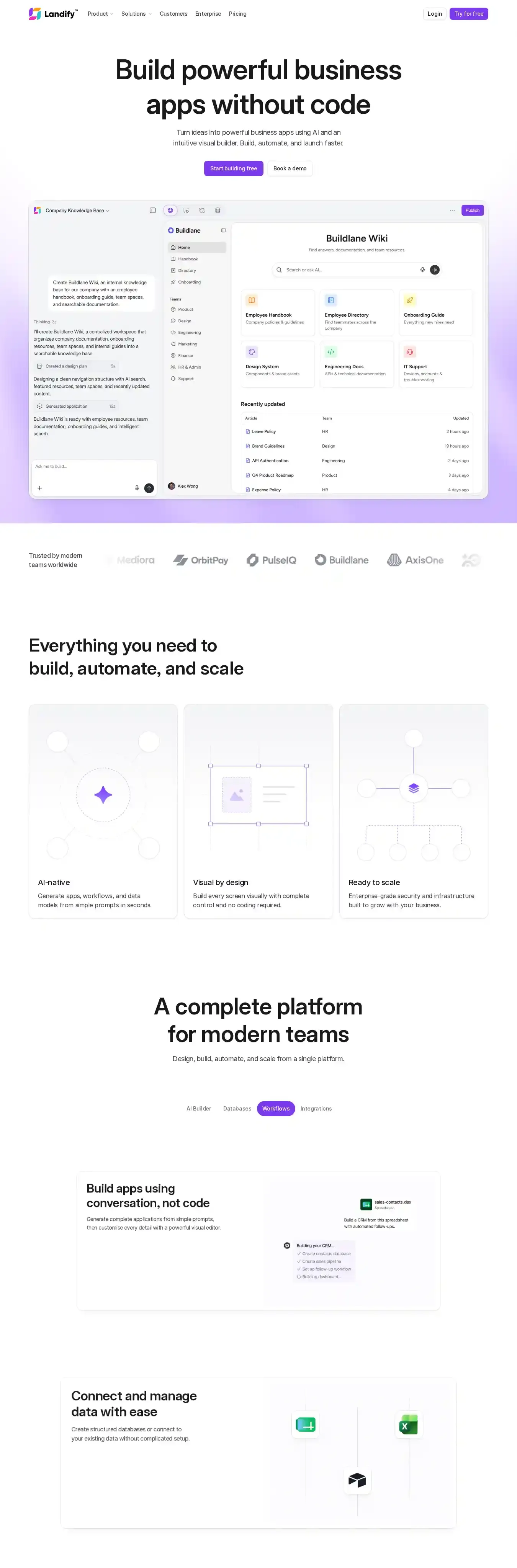 Landify UI home page on desktop
