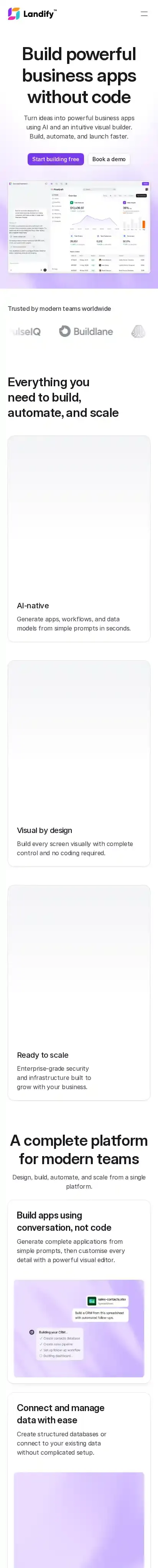 Landify UI home page on mobile