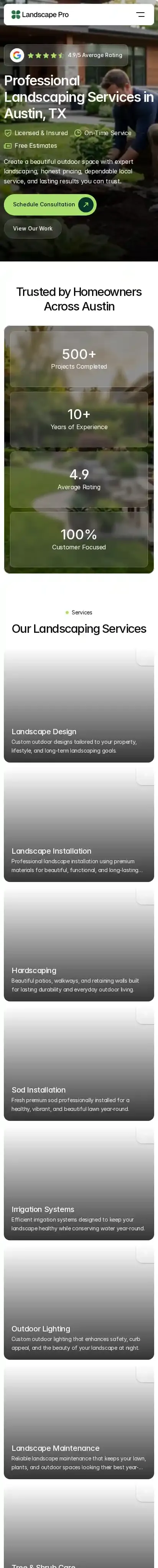 Landscape Pro home page on mobile