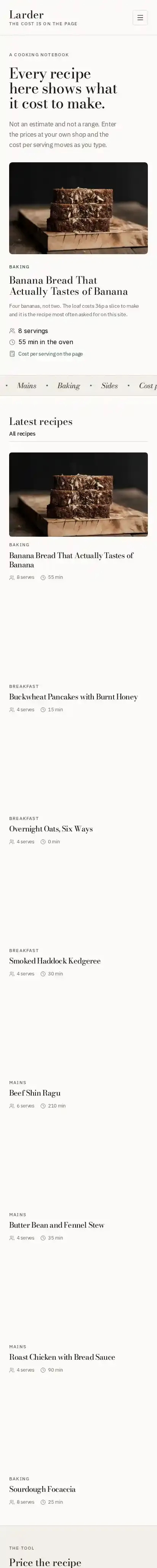 Larder home page on mobile