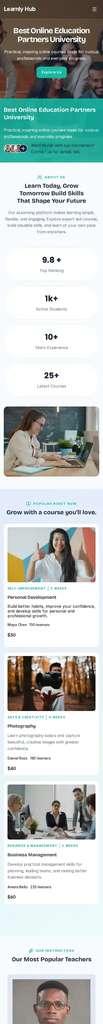 Learnly Hub home page on mobile