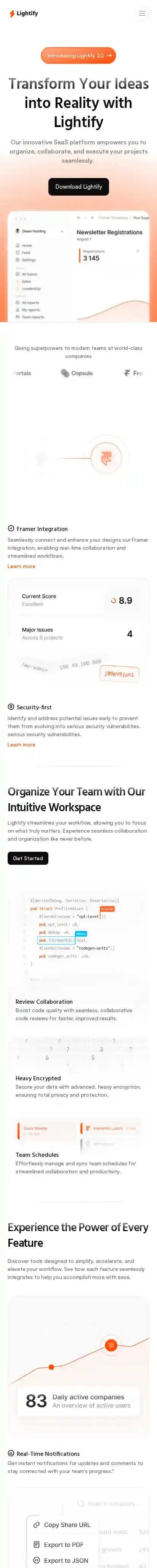 Lightify home page on mobile