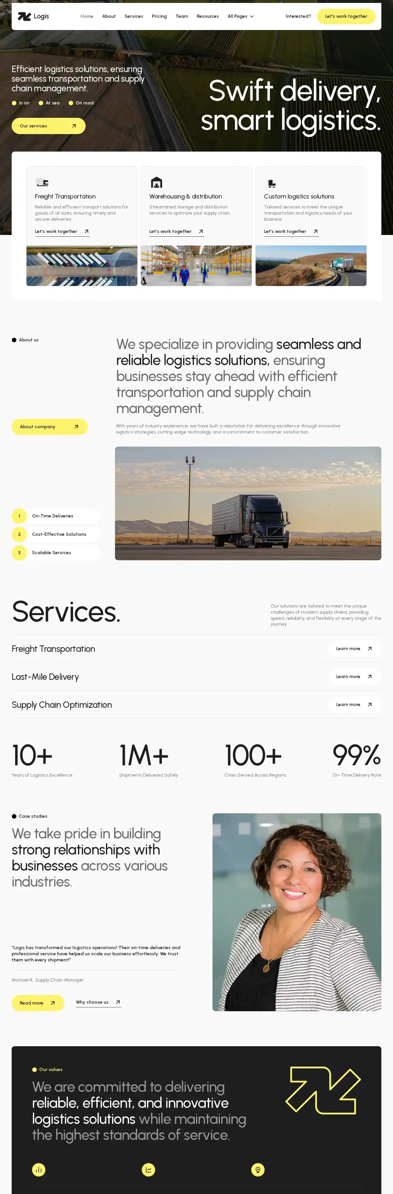 Logistics Transport home page on desktop
