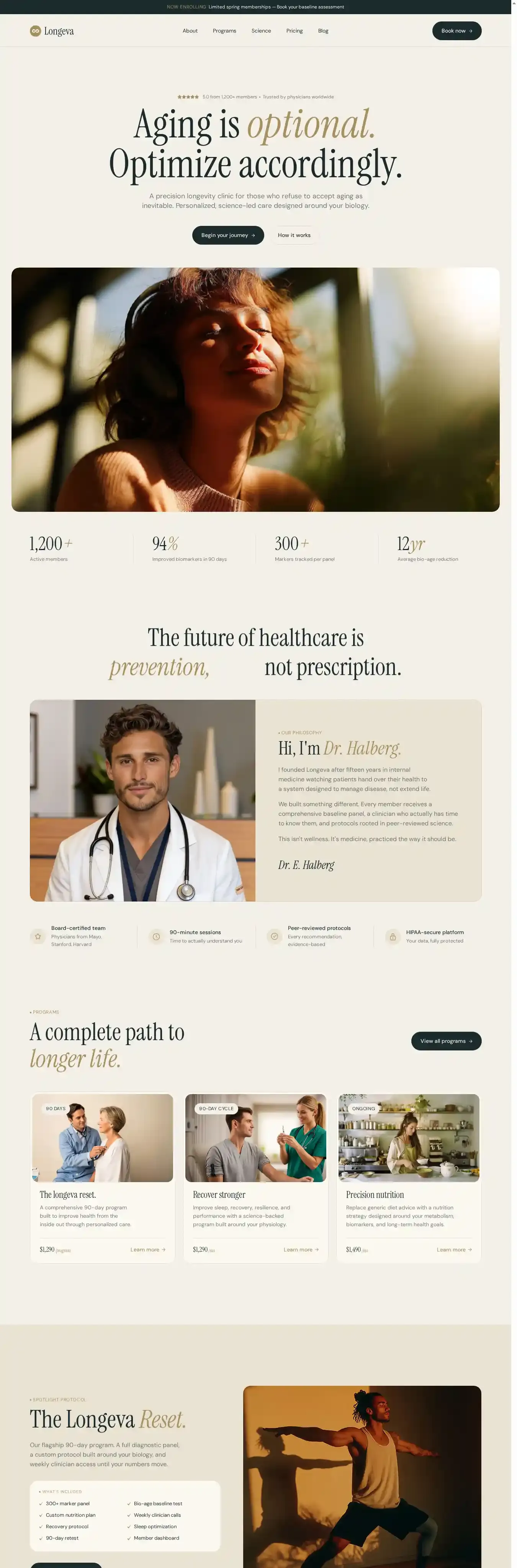 Longeva home page on desktop