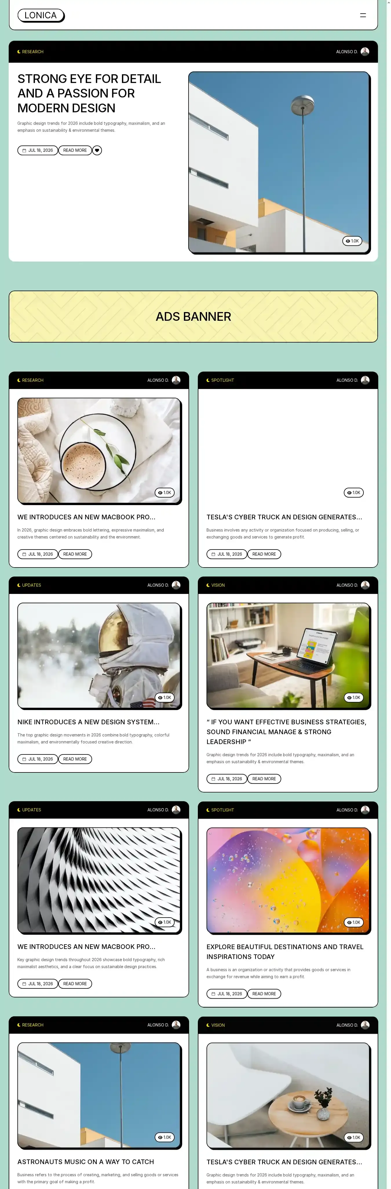 Lonica home page on desktop