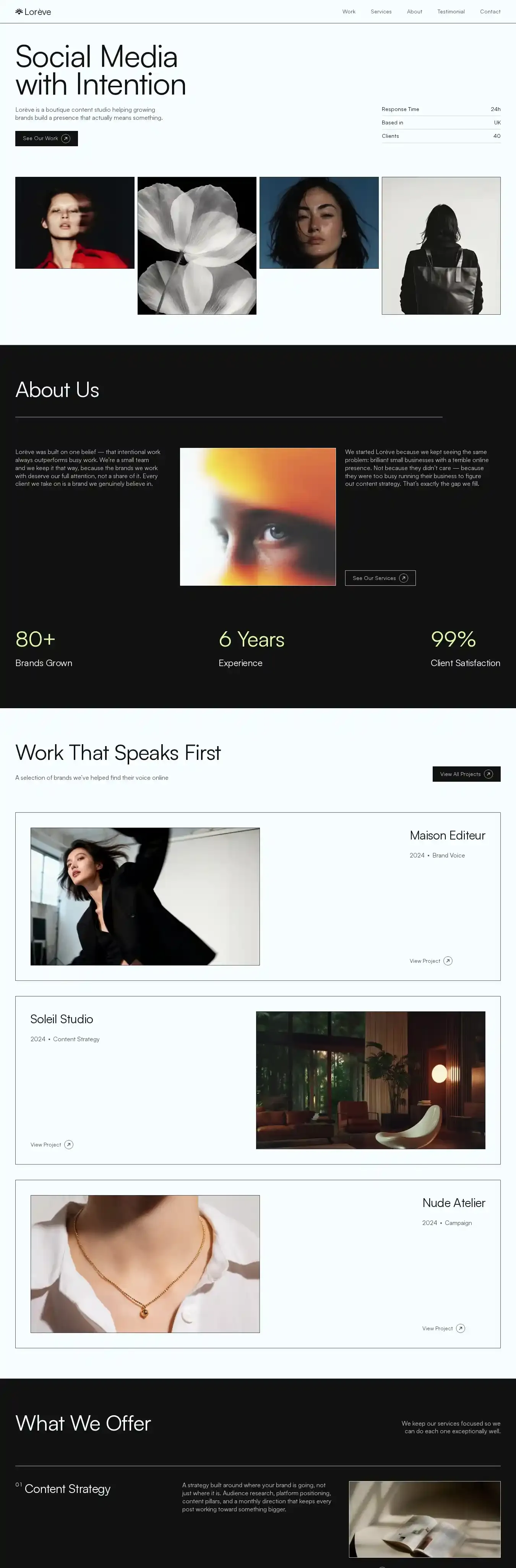 Lorève home page on desktop