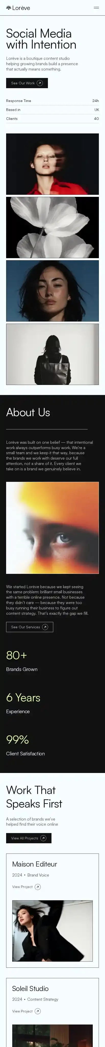 Lorève home page on mobile