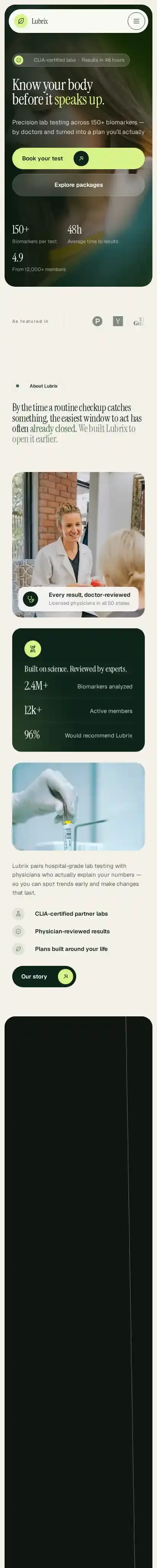 Lubrix home page on mobile