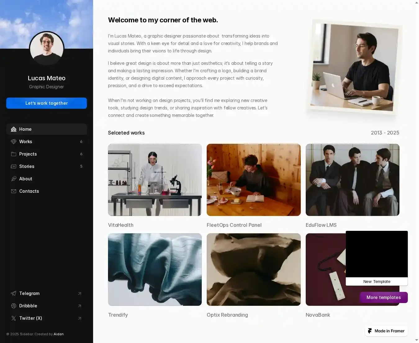 Lucas Mateo home page on desktop