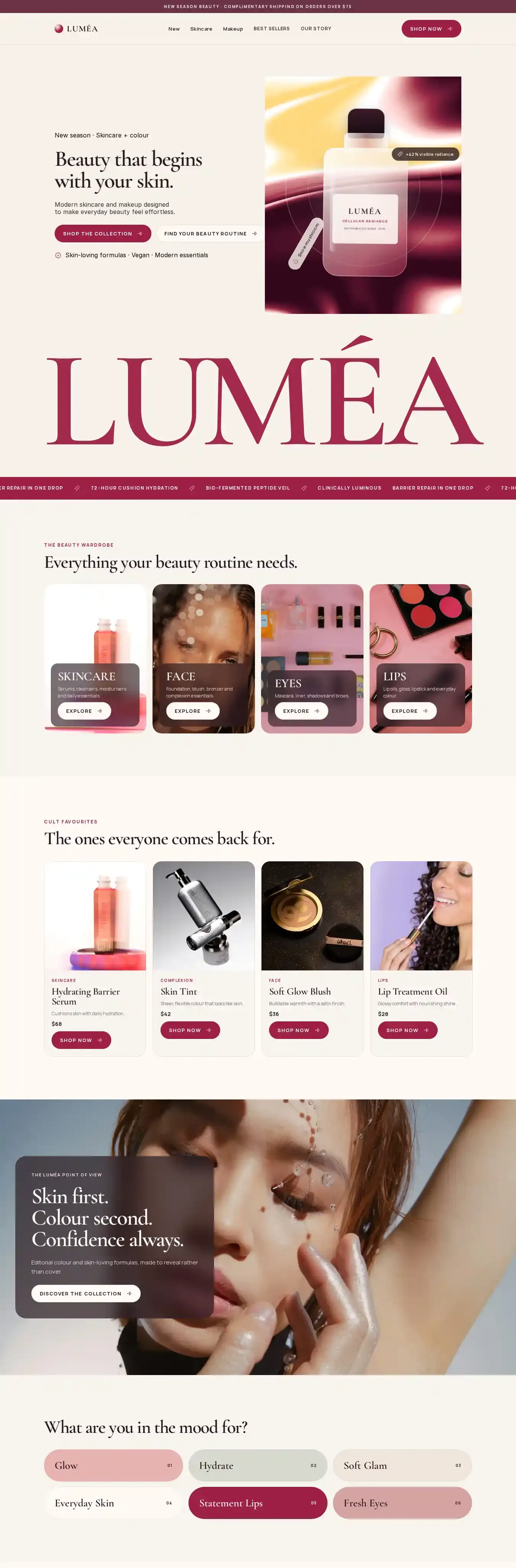 LUMÉA Cosmetics home page on desktop