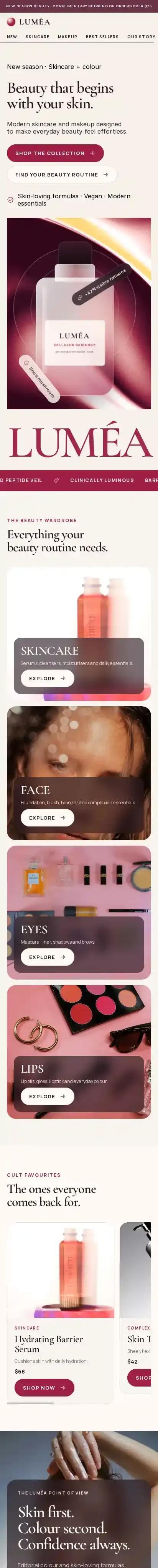 LUMÉA Cosmetics home page on mobile