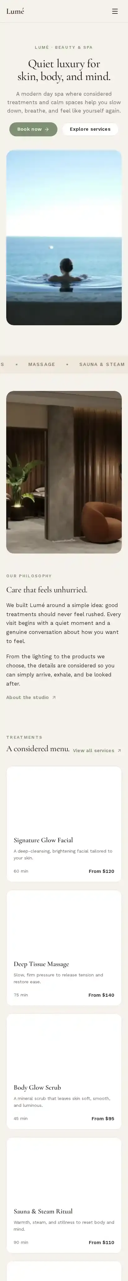 Lumé home page on mobile