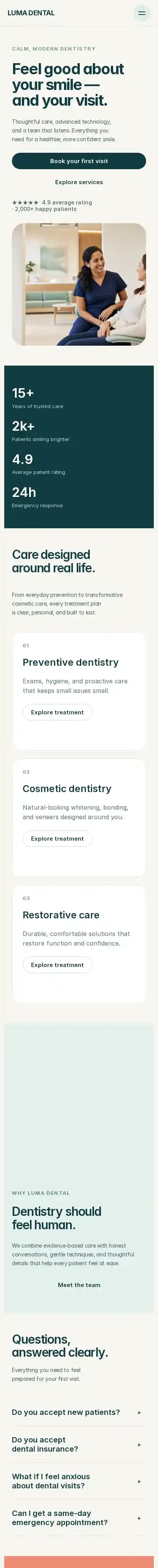 LumaDental home page on mobile