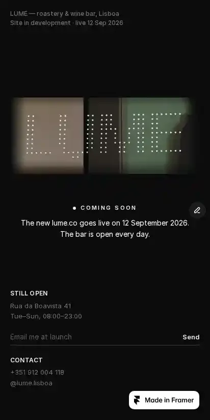 Lume Coming Soon home page on mobile