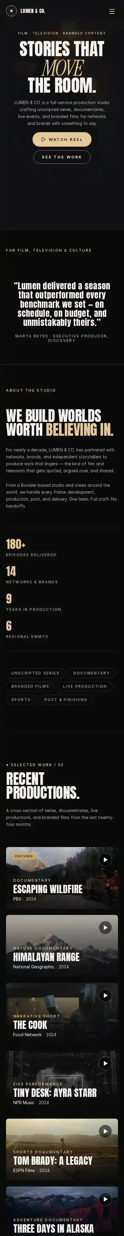 Lumen: Film Studio home page on mobile