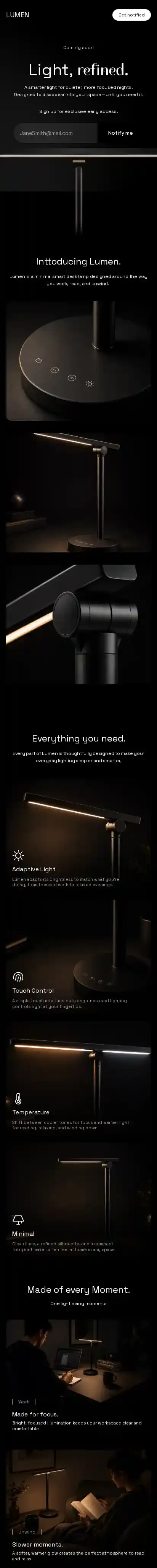 Lumen Smart Lamp home page on mobile