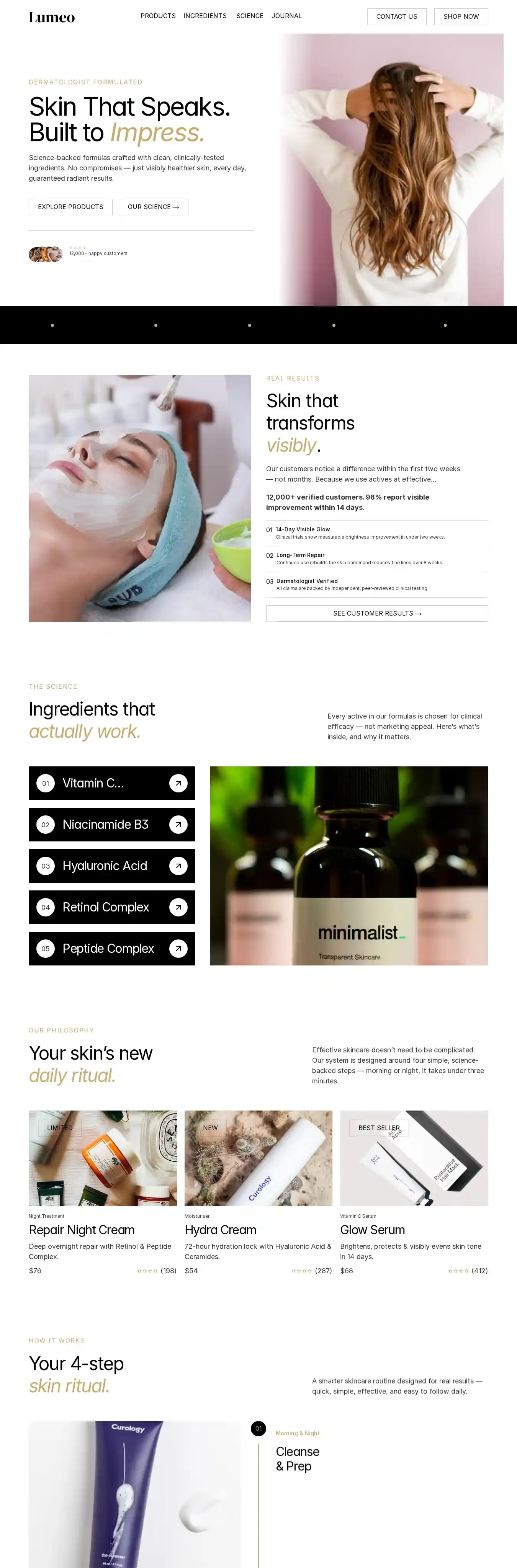 Lumeo — Skincare home page on desktop