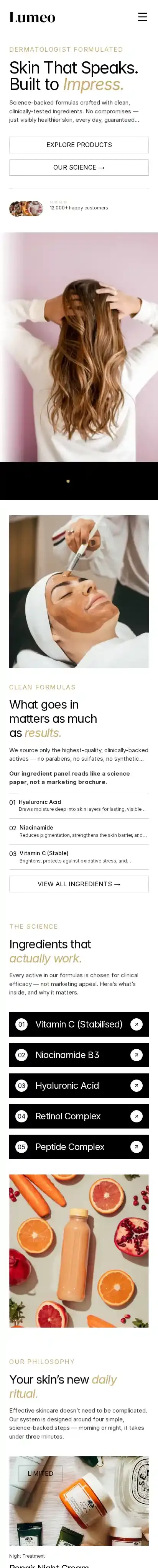 Lumeo — Skincare home page on mobile