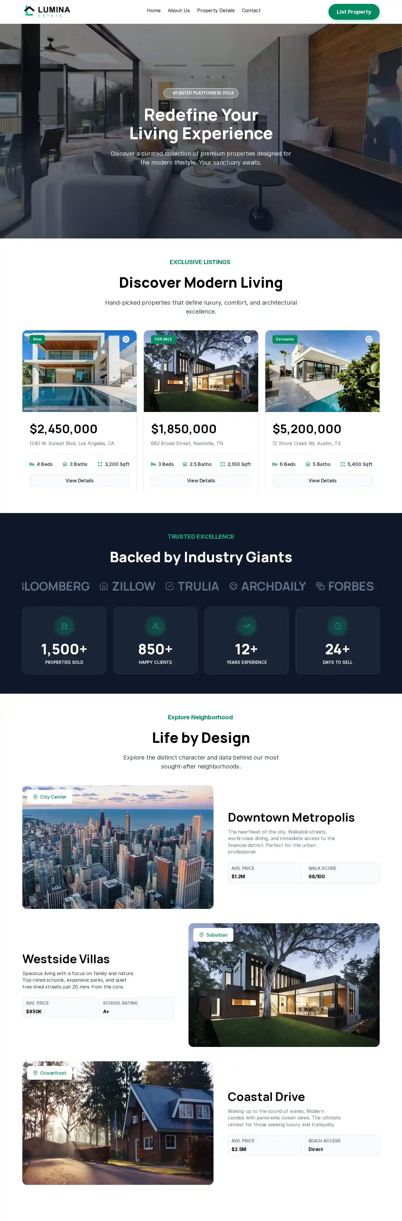 Lumina Estate home page on desktop