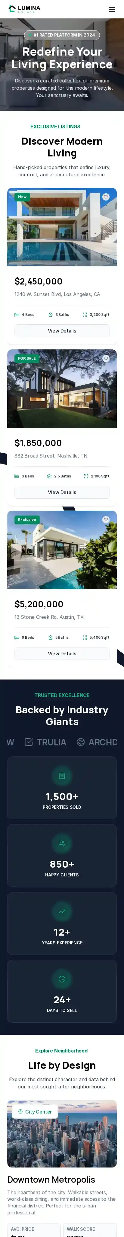 Lumina Estate home page on mobile