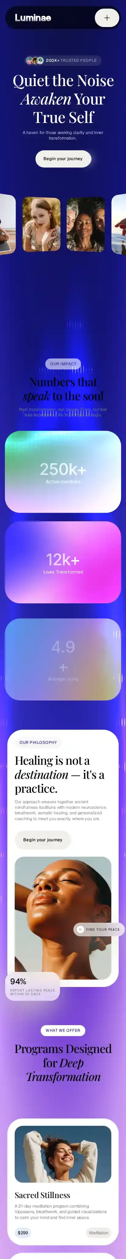 Luminae home page on mobile