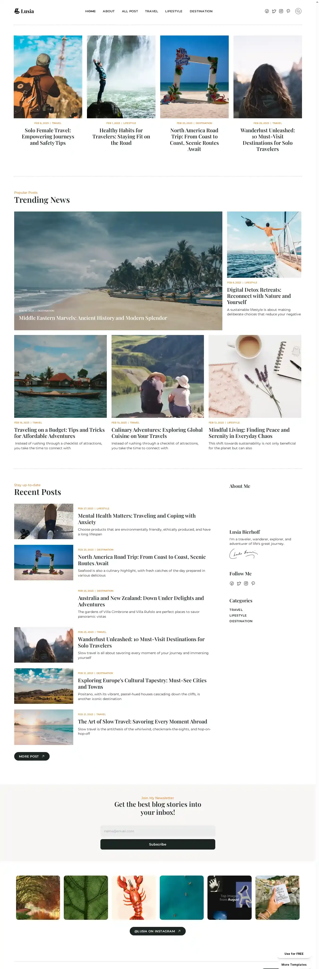 Lusia home page on desktop