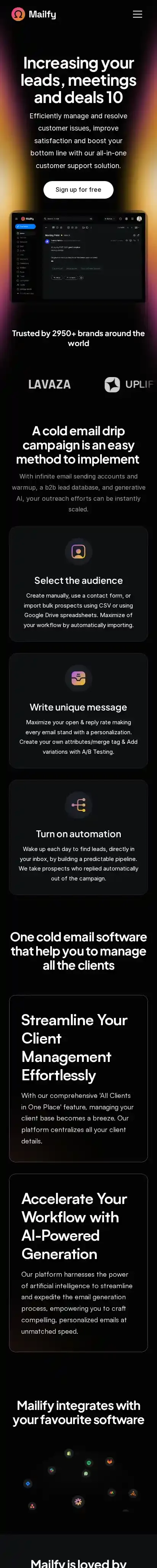 Mailify home page on mobile