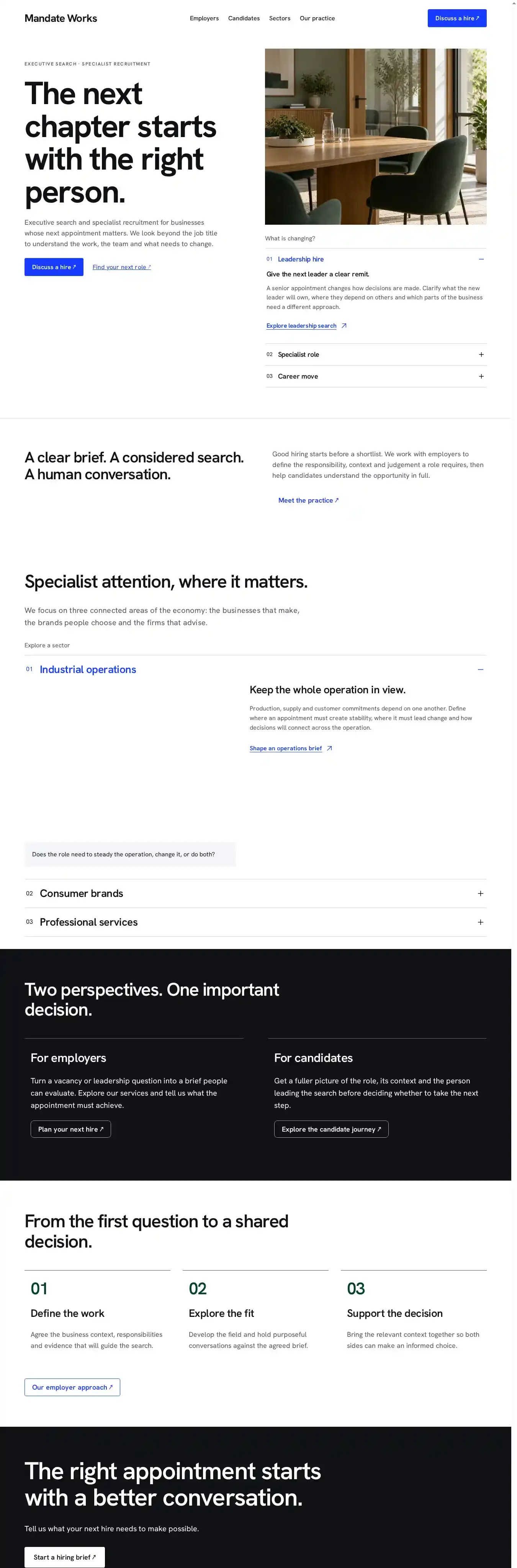 Mandate Works home page on desktop