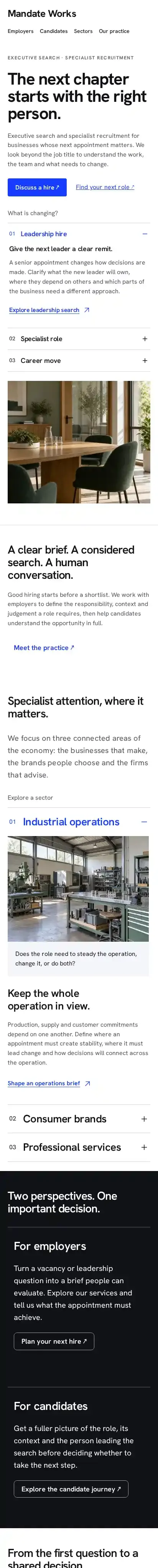 Mandate Works home page on mobile