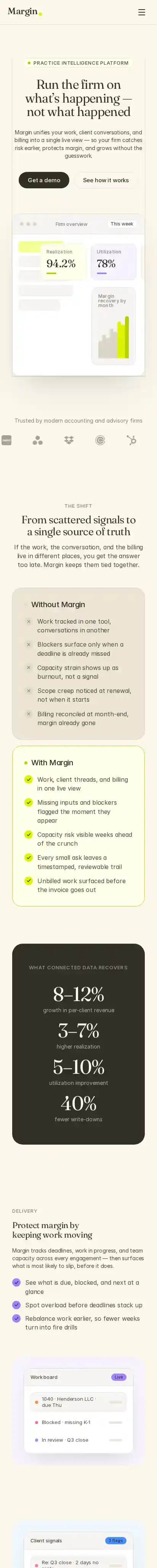 Margin Intelligence home page on mobile