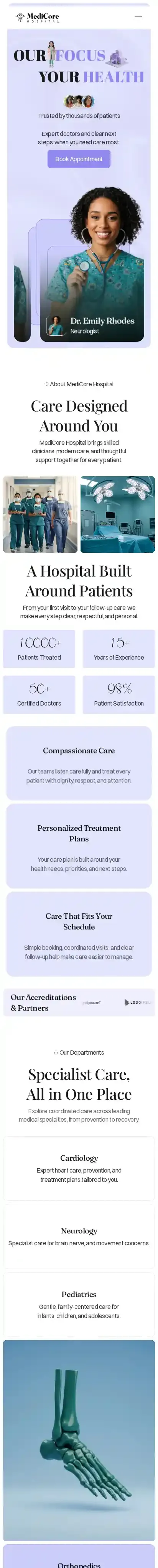 Medicore Hospital home page on mobile