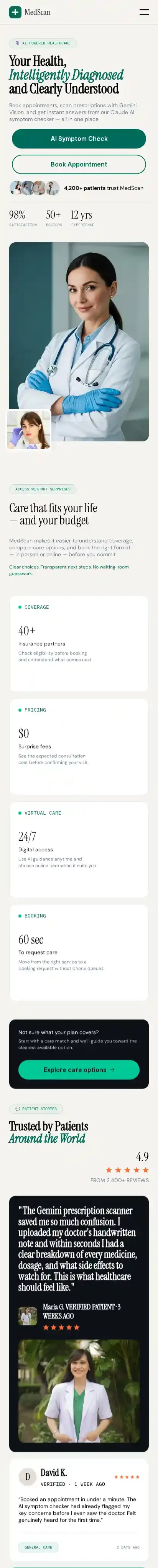 MedScan Care Hub home page on mobile