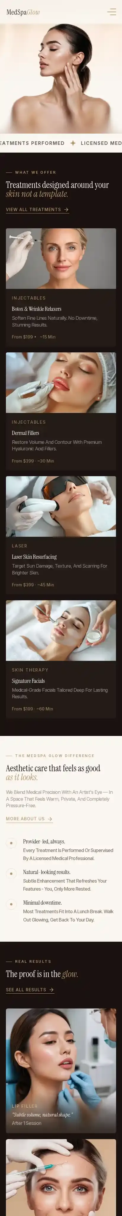 MedSpa Glow home page on mobile