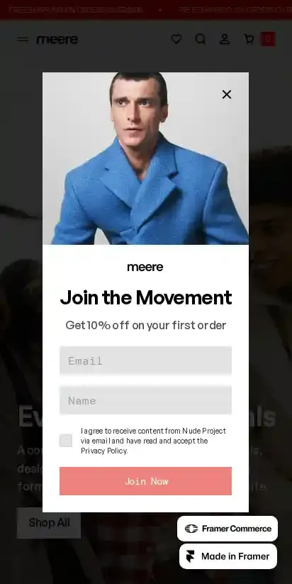 Meere home page on mobile