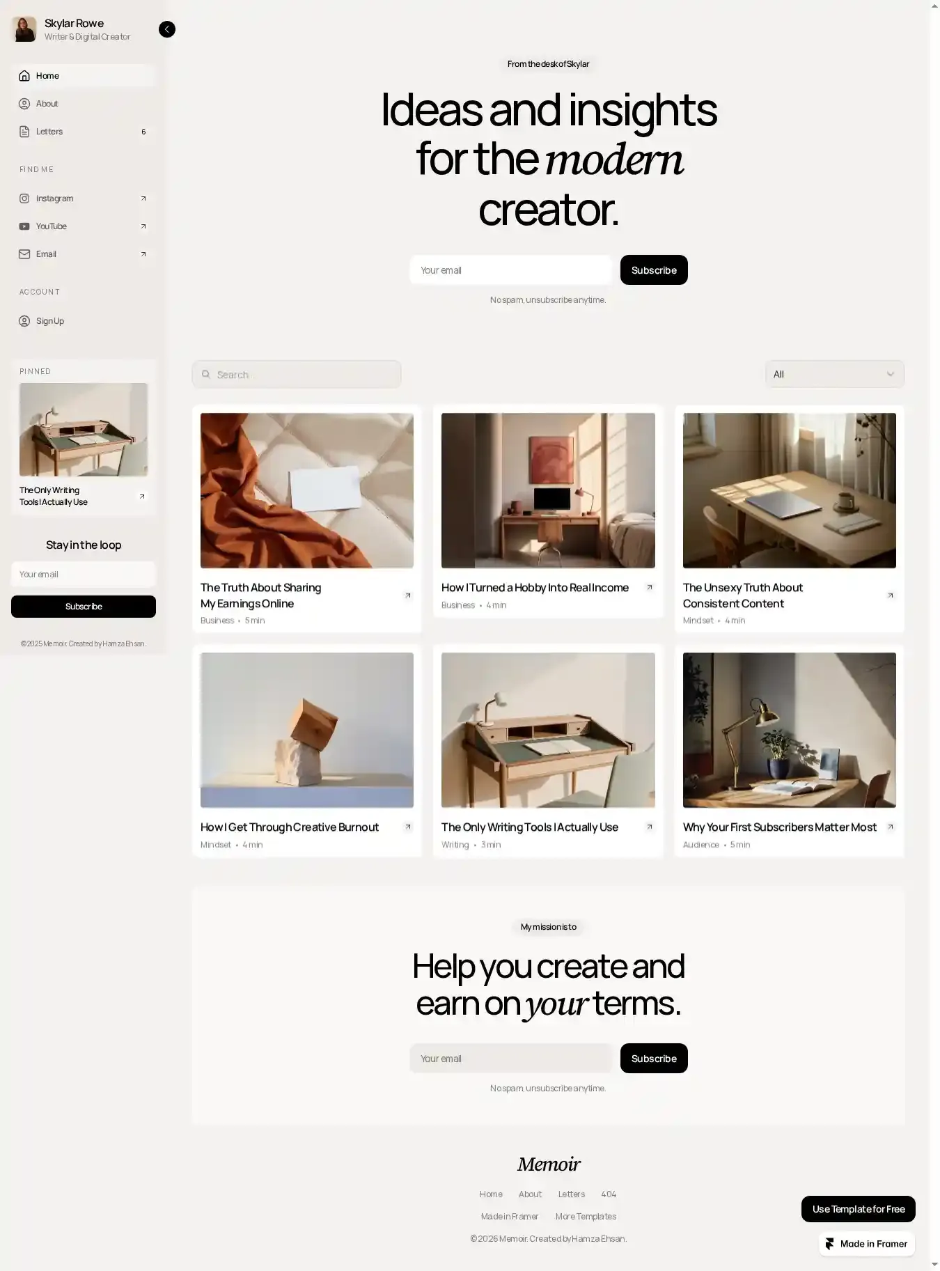 Memoir home page on desktop