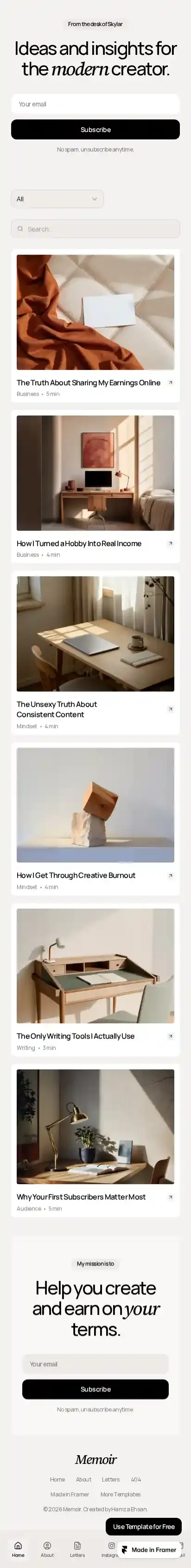 Memoir home page on mobile