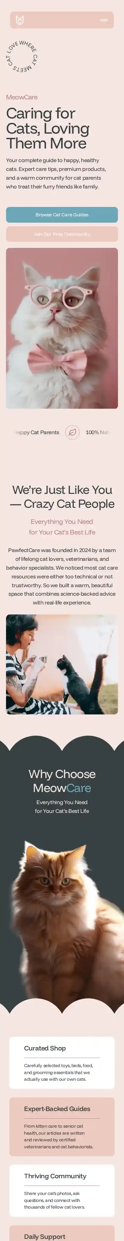 MeowCare home page on mobile