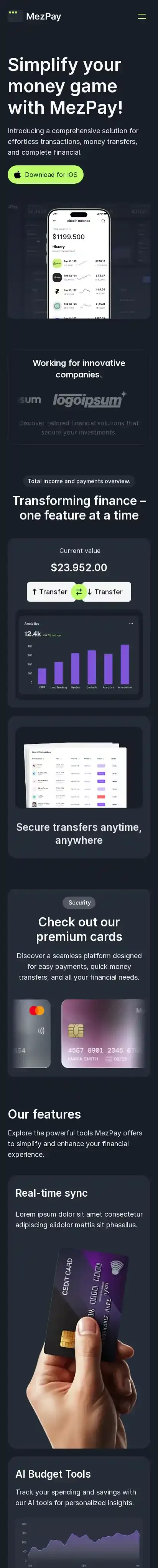 Mezpay home page on mobile