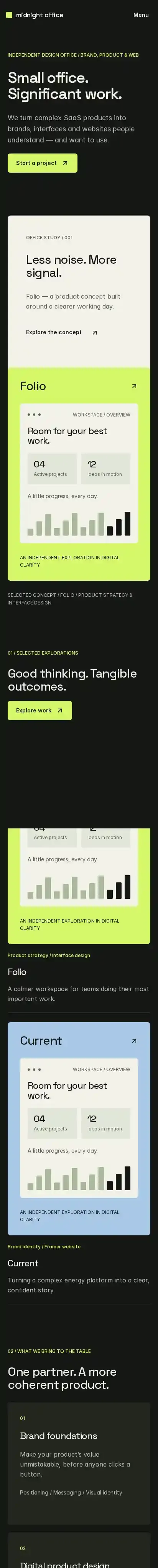 Midnight Office home page on mobile